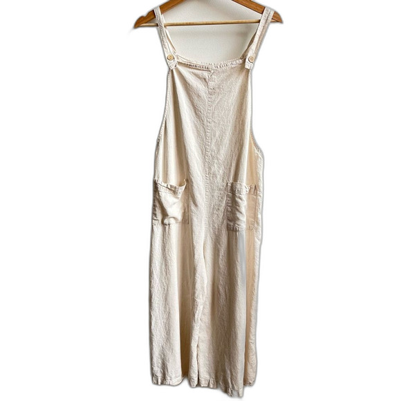 4our Dreamers Tan Linen Blend Cropped Wide Leg Overalls Boho size Medium - Picture 2 of 5
